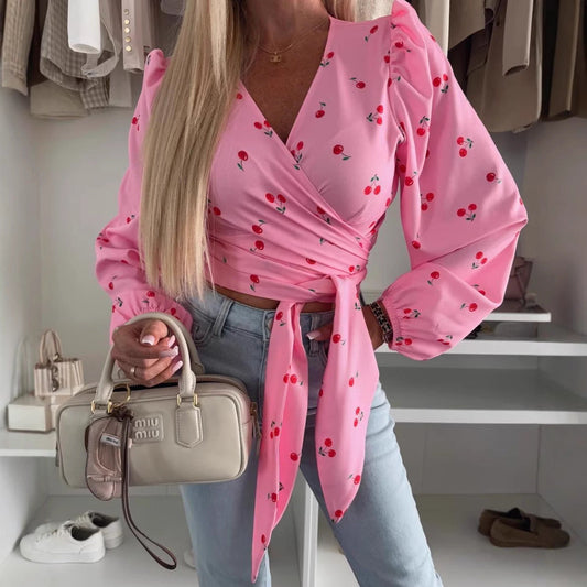 Women’s Wrap Top – Deep V-Neck – Tie Waist – Puff Sleeve – Cropped Fit – Printed