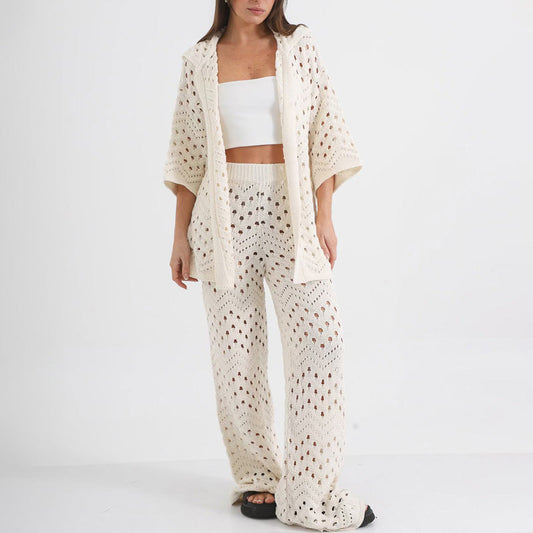 Women’s Knit Two-Piece Set – Open Front Short Sleeve Top – Wide Leg High Waist Trousers