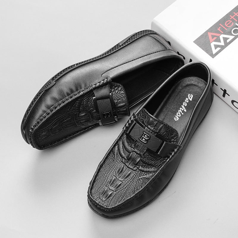 Men’s Slip-On Loafers – Crocodile Pattern – Embellished Band – Streamlined Fit