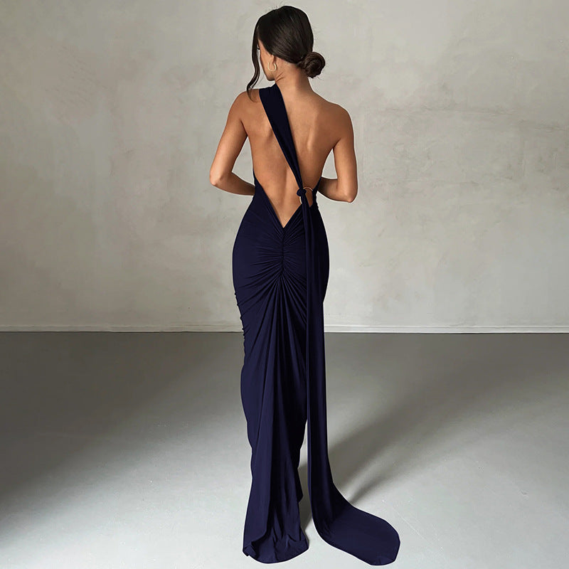 Women’s Evening Dress – Slim Fit – One Shoulder – Ruched Floor-Length Gown