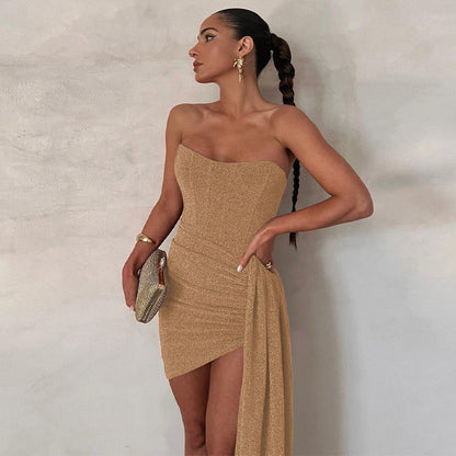 Women’s Mini Dress – Strapless Bodycon Fit – Satin Feel – Draped Waist Asymmetrical Hem