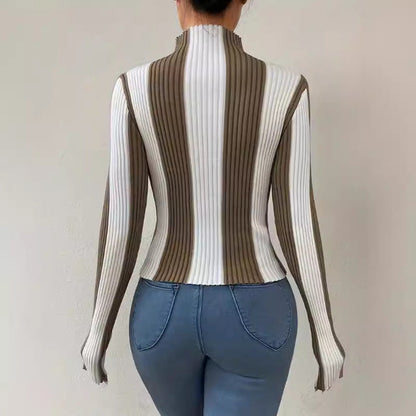 Women’s Knit Top – Slim Fit – Ribbed Stretch Fabric – Mock Neck – Long Sleeve
