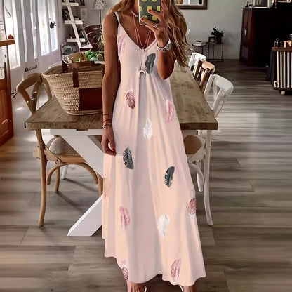 Women’s Maxi Dress – Leaf Print – Relaxed Fit – Sleeveless V-Neck – Breathable Blend