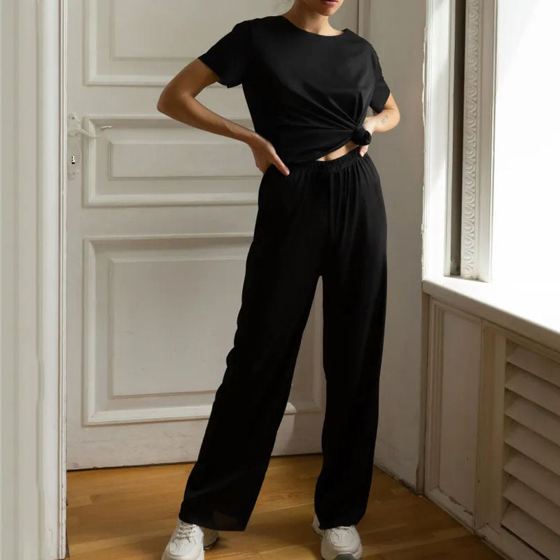 Women’s Lounge Set – Cropped Short Sleeve Top – Wide-Leg Trousers – Soft Breathable Fabric