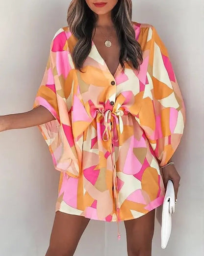 Women’s Mini Dress – V-Neck – Lace-Up Waist – Flutter Sleeve – Flowy Fit