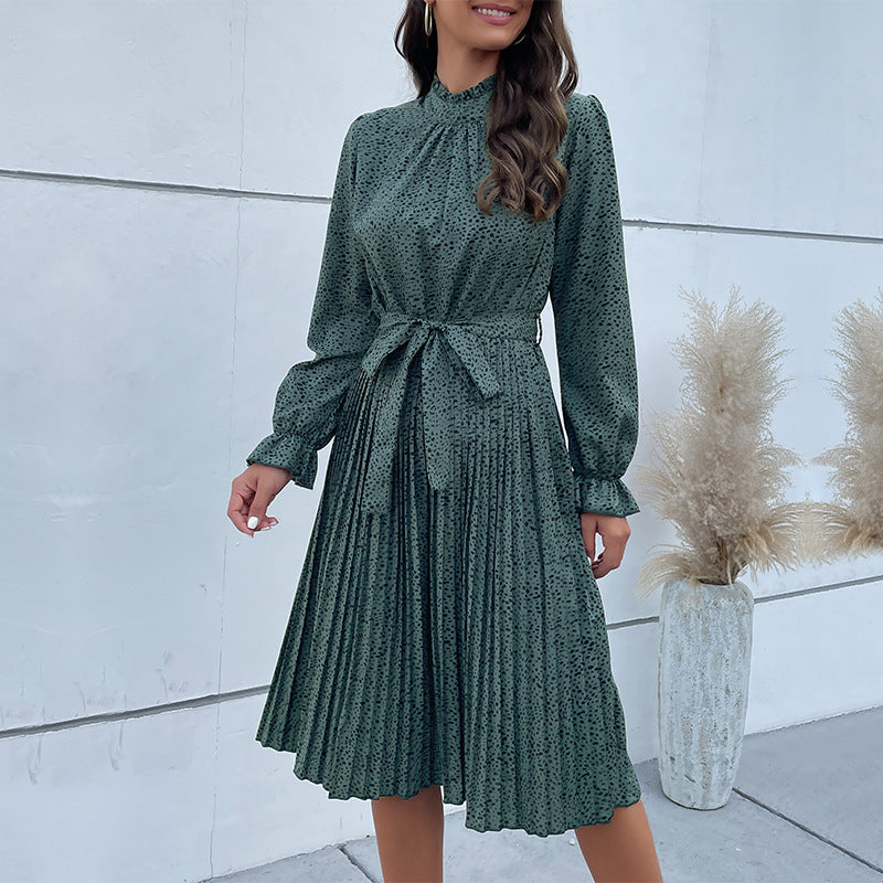 Women’s Midi Dress – Slim Fit – High Neck – Long Sleeve – Belted Waist – Soft Blend