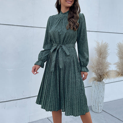 Women’s Midi Dress – Slim Fit – High Neck – Long Sleeve – Belted Waist – Soft Blend