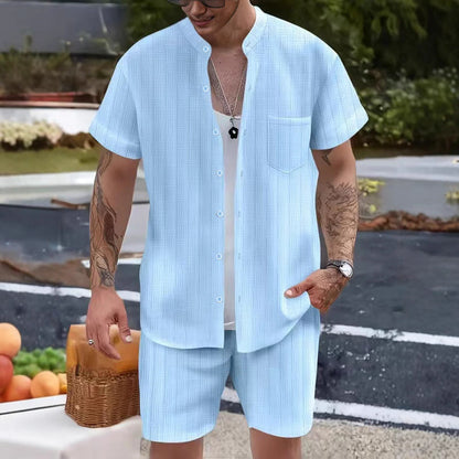 Men’s Two-Piece Set – Henley Collar Shirt & Shorts – Lightweight Relaxed Fit
