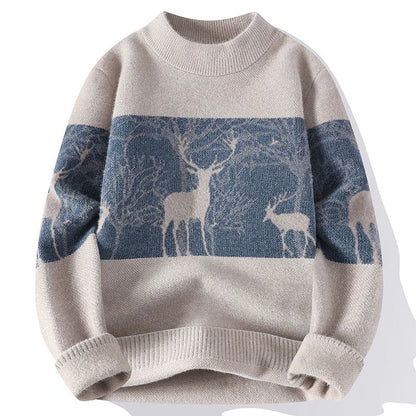 Men’s Pullover Sweater – Loose Fit – Wool Blend Knit – Mock Neck – Deer Pattern
