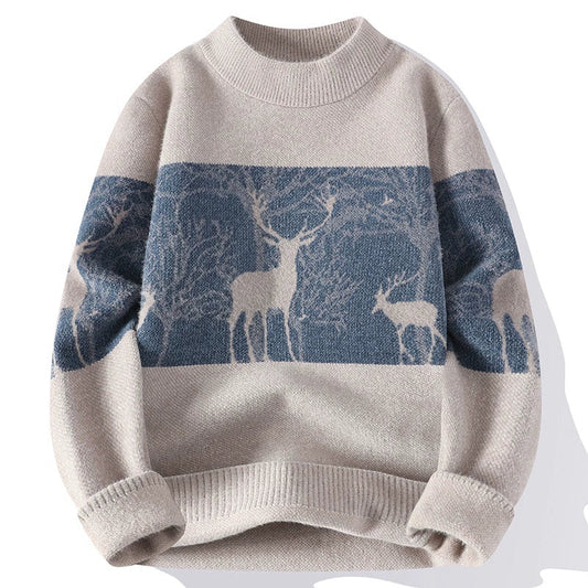 Men’s Pullover Sweater – Loose Fit – Wool Blend Knit – Mock Neck – Deer Pattern