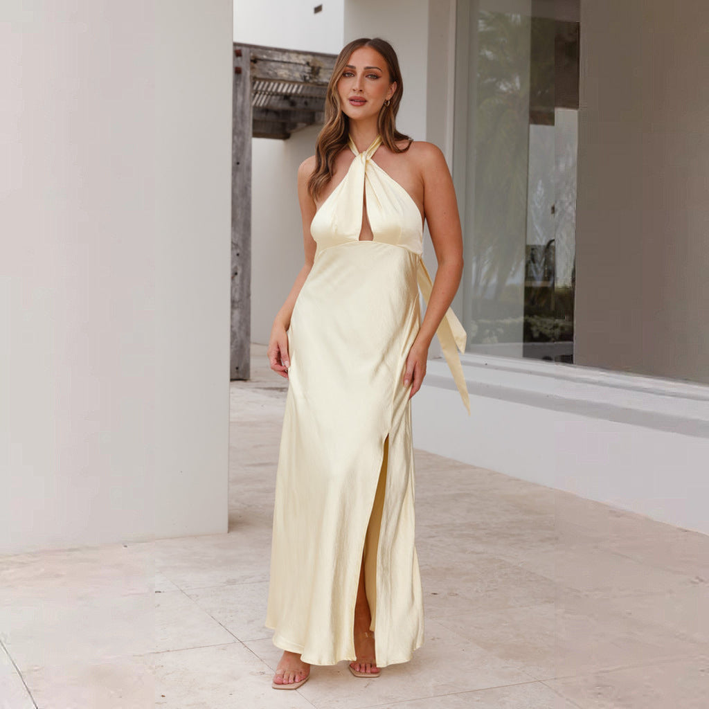 Women’s Halter Dress – Satin – Fitted Waist – Front Slit – Full Length – Cut-Out Detail