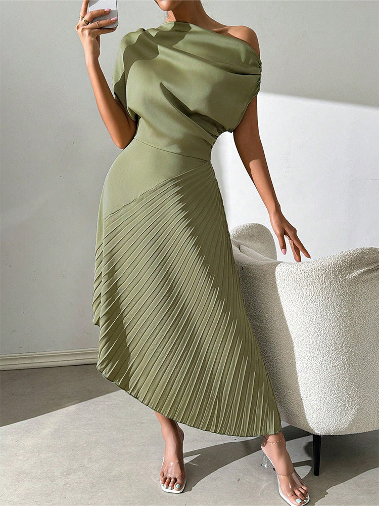 Women’s Midi Dress – One Shoulder – Fitted Draped Bodice – Pleated Asymmetrical Hem