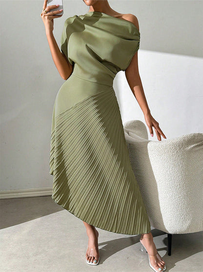 Women’s Midi Dress – One Shoulder – Fitted Draped Bodice – Pleated Asymmetrical Hem