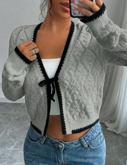 Women’s Cropped Cardigan – Knitted Fabric – Bow Tie Front – Contrast Trim – Casual Fit