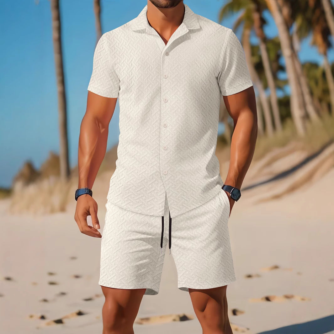 Men’s Shirt and Shorts Set – Slim Fit – Embossed Pattern – Breathable Casual Wear