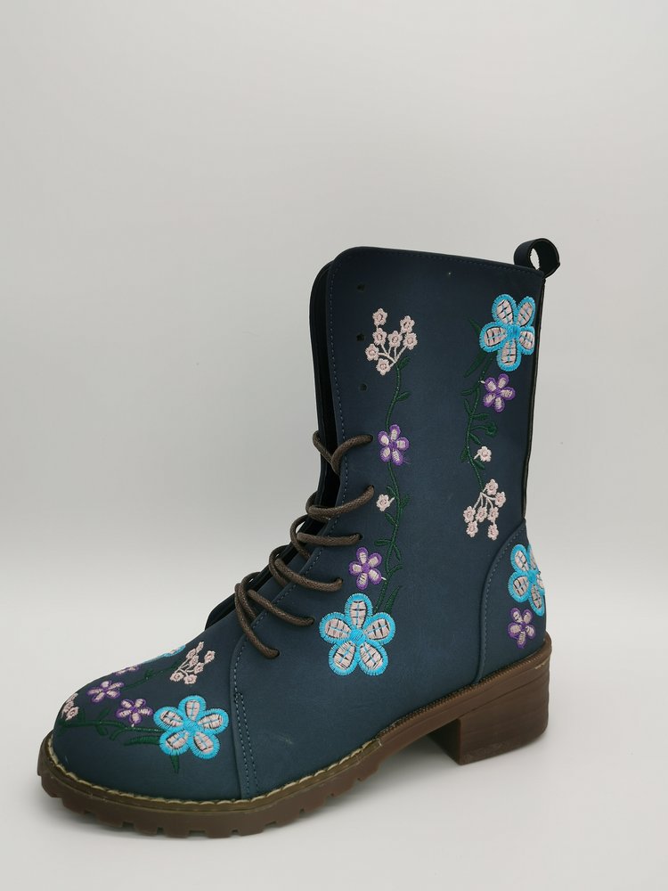Women’s Mid-Calf Boots – Embroidered Floral – Block Heel – Lace-Up with Side Zip