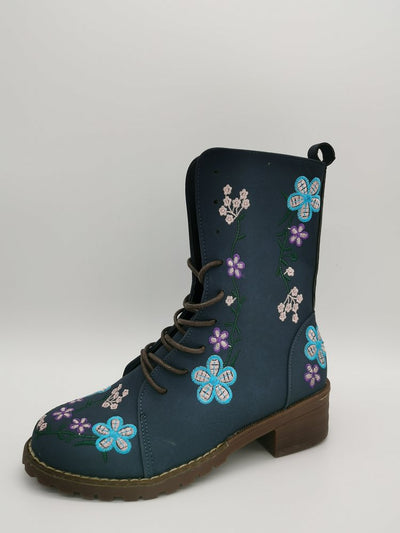 Women’s Mid-Calf Boots – Embroidered Floral – Block Heel – Lace-Up with Side Zip