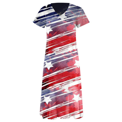 Women’s Maxi Dress – Relaxed Fit – V-Neck – Graphic Print – Short Sleeve – Cotton Blend