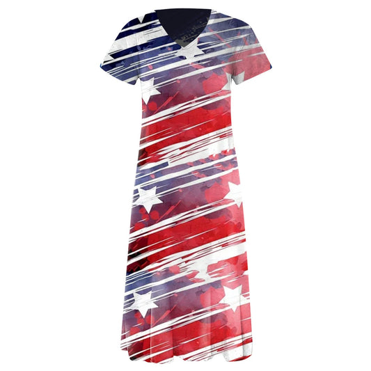 Women’s Maxi Dress – Relaxed Fit – V-Neck – Graphic Print – Short Sleeve – Cotton Blend