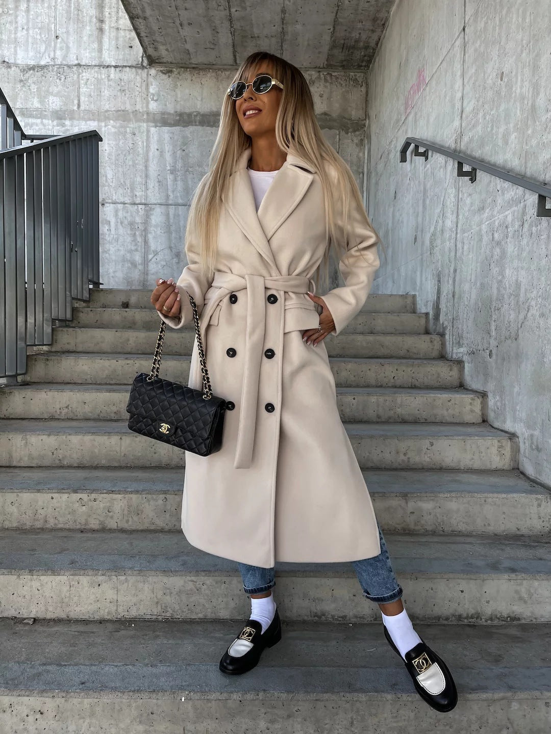 Women’s Wool Coat – Tailored Fit – Belted Waist – Lapel Collar – Full Length – Button Front