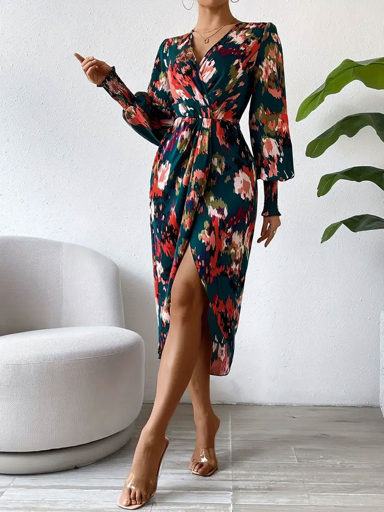 Women's Midi Dress – Long Sleeve Wrap Style – V-Neck – Abstract Floral Print