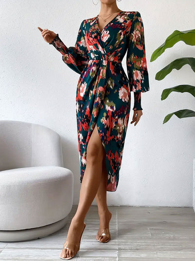 Women's Midi Dress – Long Sleeve Wrap Style – V-Neck – Abstract Floral Print