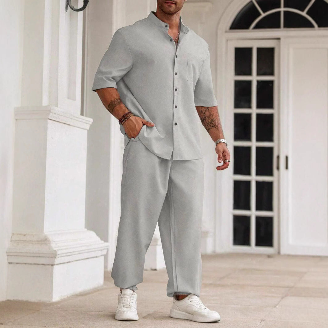 Men’s Casual Set – Cotton Linen Blend – Relaxed Fit – Short Sleeve Shirt & Trousers