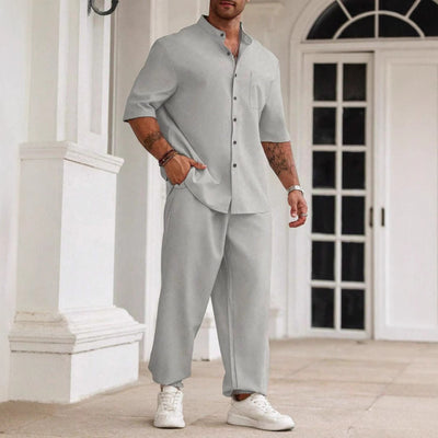 Men’s Casual Set – Cotton Linen Blend – Relaxed Fit – Short Sleeve Shirt & Trousers