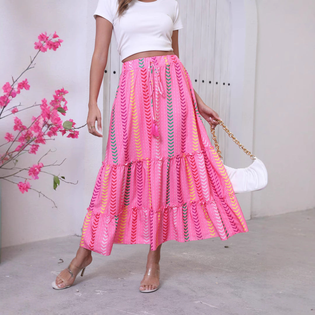 Women’s Maxi Skirt – Tiered Boho Style – Fringe Waist – Flowing Fit – Cotton