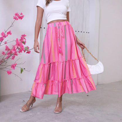 Women’s Maxi Skirt – Tiered Boho Style – Fringe Waist – Flowing Fit – Cotton