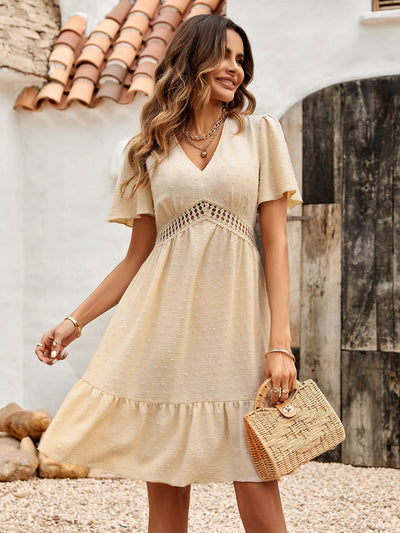 Women's A-Line Dress - V-Neck - Short Flutter Sleeve - Lace Detail - Flowy Casual Fit