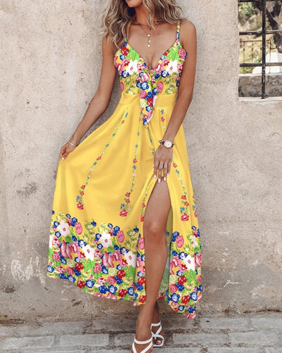 Women’s Suspender Dress – Slim Fit – Floral Print – Deep V-Neck – Midi Length – Side Slit