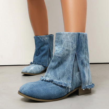 Women’s Ankle Boots – Denim Fabric – Distressed Trim – Side Slits – Slip-On Casual Fit