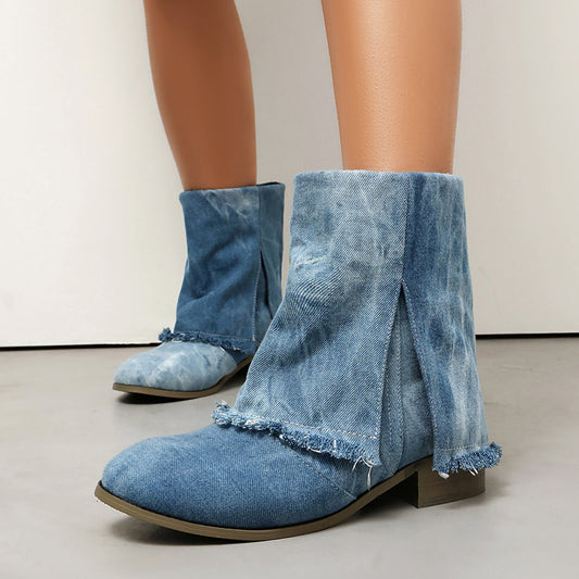 Women’s Ankle Boots – Denim Fabric – Distressed Trim – Side Slits – Slip-On Casual Fit