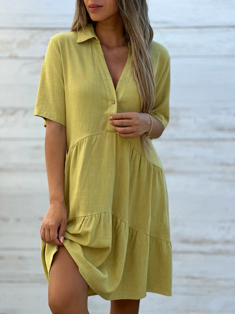 Women’s Mini Dress – Relaxed Fit – Short Sleeve – Collared – Tiered Natural Fibers