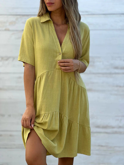 Women’s Mini Dress – Relaxed Fit – Short Sleeve – Collared – Tiered Natural Fibers