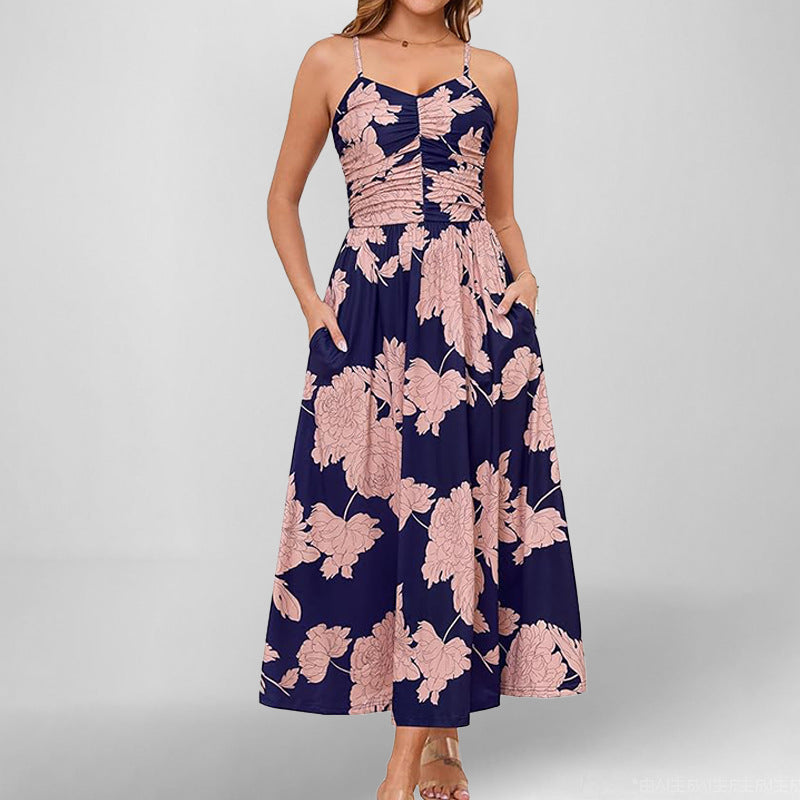 Women’s Sundress – A-Line Midi – Spaghetti Straps – Floral Print – Pockets – Cotton Blend