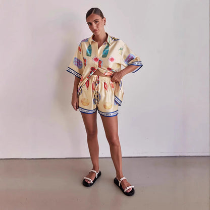 Women’s Lounge Set – Satin Feel – Relaxed Fit – Button-Up Shirt & Drawstring Shorts
