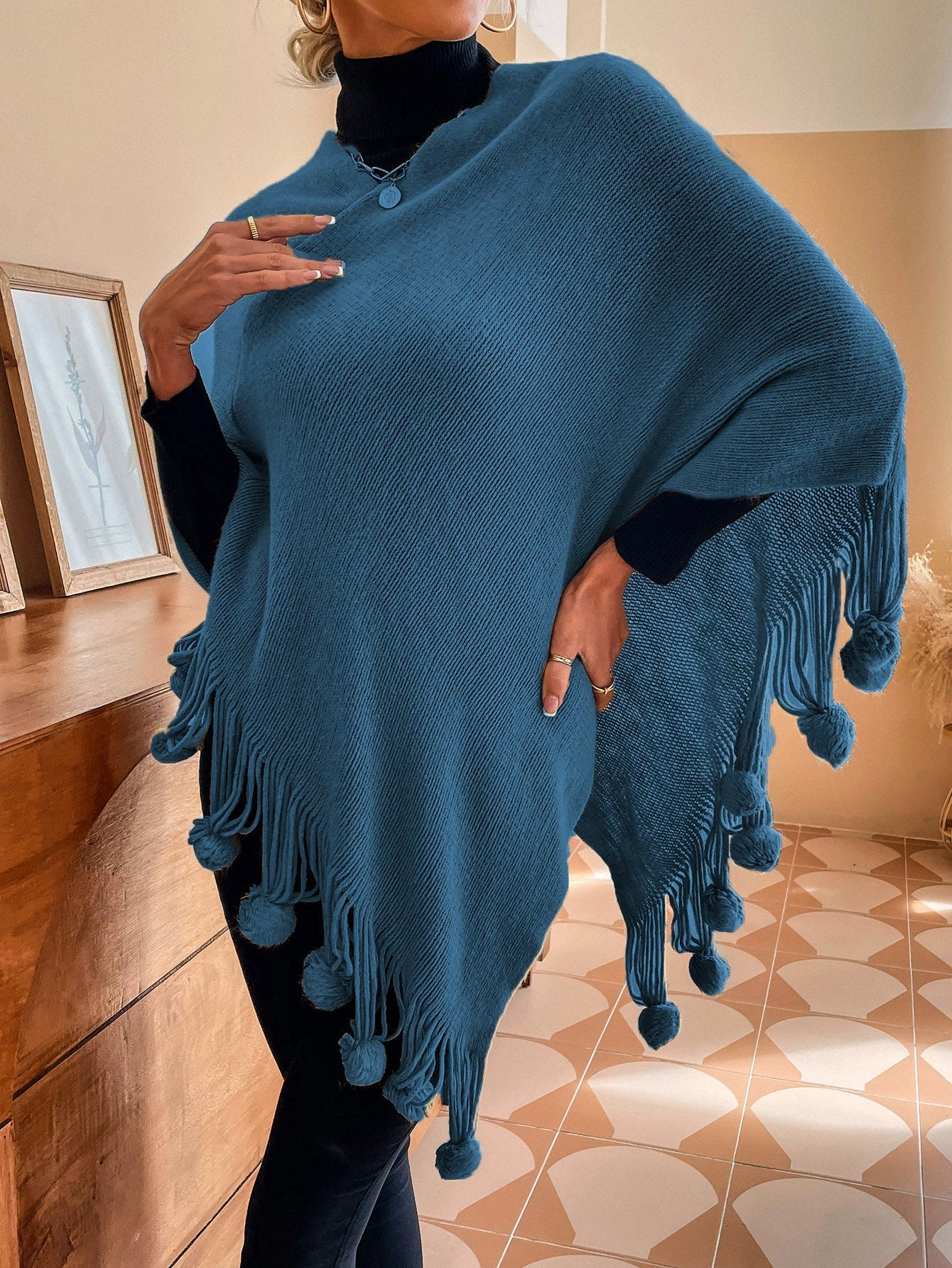 Women’s Shawl Sweater Cape – Knitted Cotton Blend – Relaxed Fit – Tassel Fringe Pom-Poms