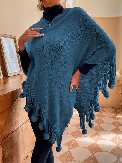 Women’s Shawl Sweater Cape – Knitted Cotton Blend – Relaxed Fit – Tassel Fringe Pom-Poms