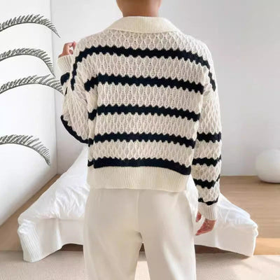 Women’s Pullover Sweater – Relaxed Fit – Polo Collar – Knit Striped Design – Long Sleeve