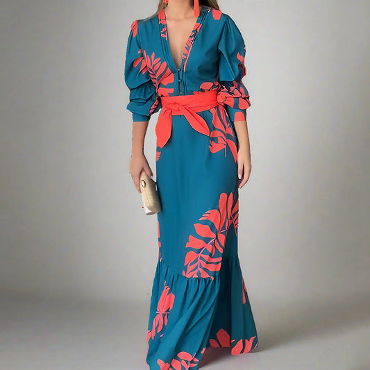 Women’s Maxi Dress – Puff Sleeve – V-Neck – Belted Waist – Bold Print – Button Detail