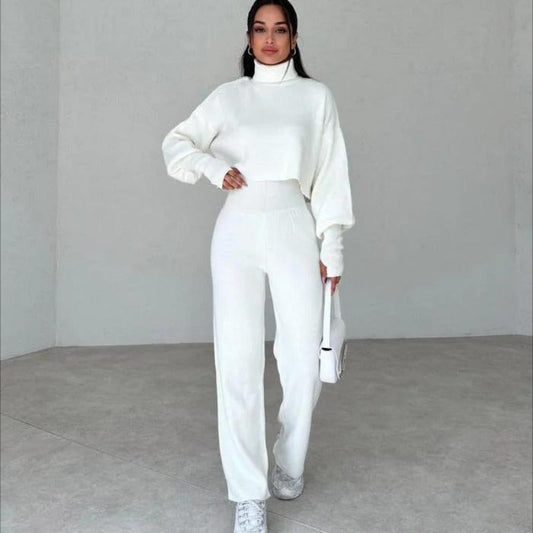 Women’s Lounge Set – Soft Knit – High Neck Top – Wide Leg – Relaxed Fit