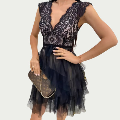 Women’s Party Dress – Lace Bodice – V-Neck Sleeveless – A-Line Tulle Skirt – Knee Length