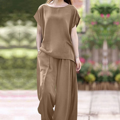 Women’s Two-Piece Set – Loose Fit Blouse – Wide-Leg High-Waist Trousers – Breathable Fabric