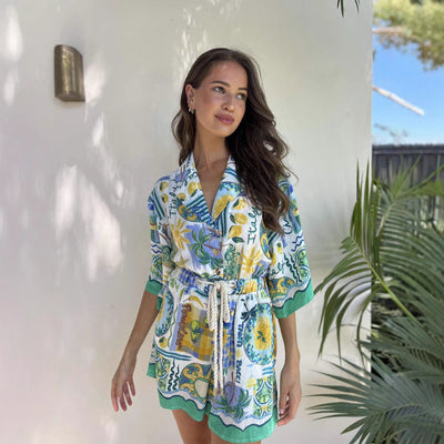 Women’s Romper – Relaxed Fit – Floral Print – Waist Tie – Lightweight Cotton Blend