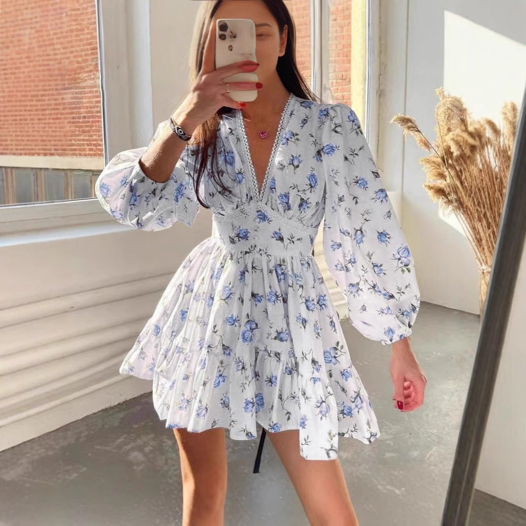 Women’s A-Line Dress – V-Neck Lace Trim – Long Puff Sleeve – Floral Mini
