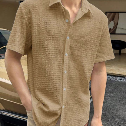 Men’s Short Sleeve Shirt – Cotton Blend – Regular Fit – Textured Button-Front Casual