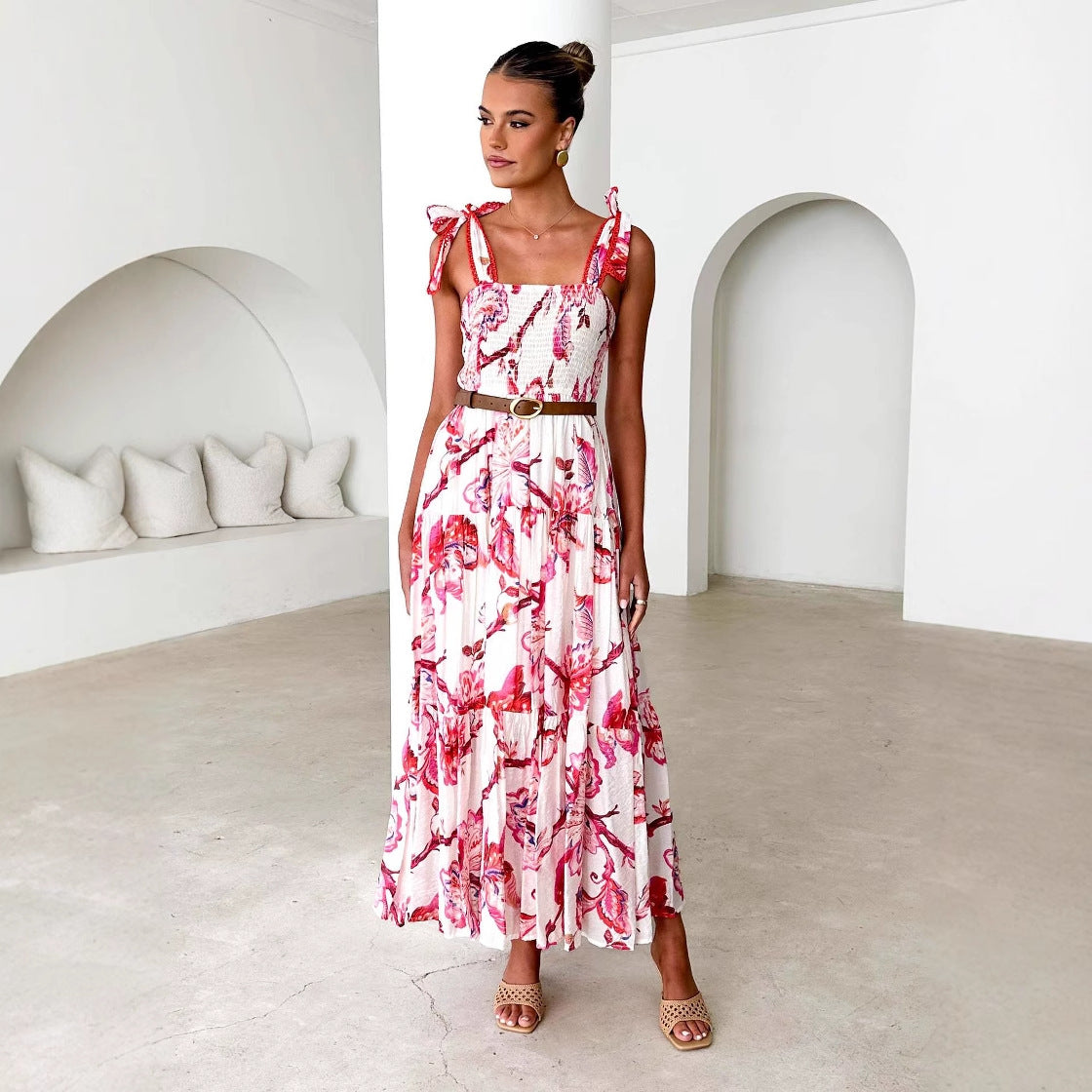 Women’s Maxi Dress – Shirred Bodice – Adjustable Tie Straps – Tiered A-Line Skirt – Floral Print