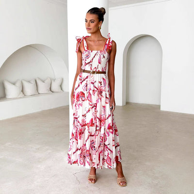 Women’s Maxi Dress – Shirred Bodice – Adjustable Tie Straps – Tiered A-Line Skirt – Floral Print